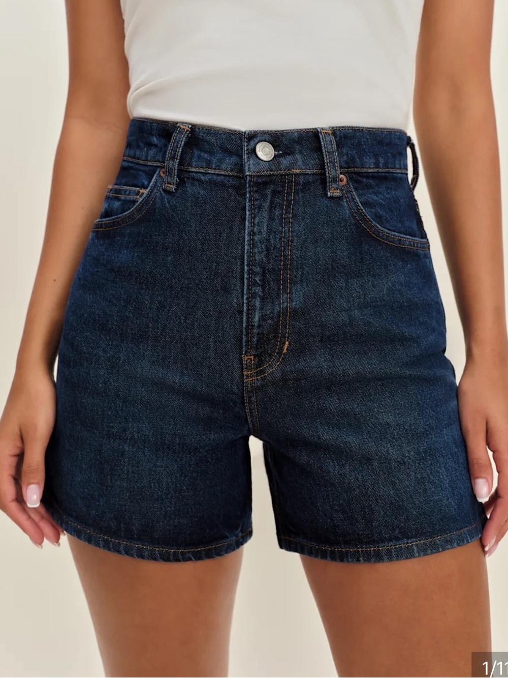 Reformation Dark Blue Saige High Rise 4” Jean Shorts